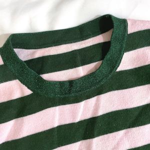 Pinterest Pink & Green Stripped Belly Sleeves Top