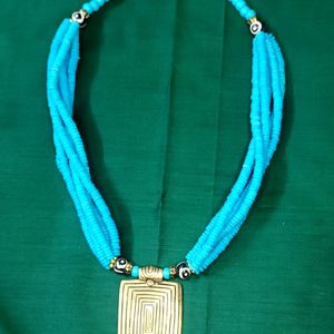 Blue Necklace With Gold Brass Pendant