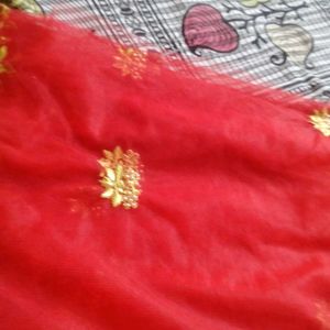 New Red Duppata With Gold Embroidery And Cut Work