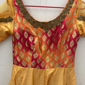 Ethnic Gown With Dupatta Orange Yellow Colour