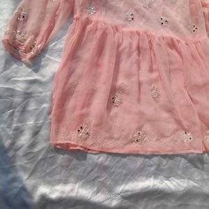 Beutiful Peach Chikankari Mirror Work Kurti/ Tunic