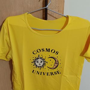 New Women Round Neck Polyester Yellow T-Shirt