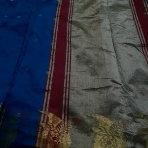 Blue Maroon Golden Jori Border Linen Saree