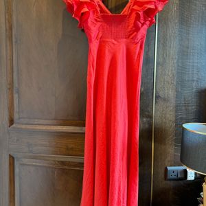 Forever New Red Rylie Ruffle Shoulder Midi Dress