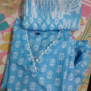 Blue Printed Sleeveless Kurta Set