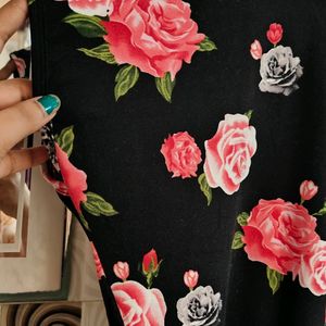 Black Floral Print Long T Shirt