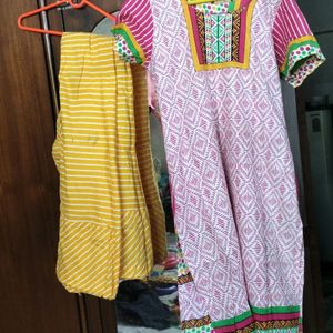 Pink Yellow Kurti Pant Set