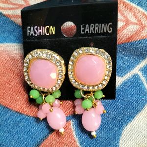 Stylish Earrings With Pink And Green Beads