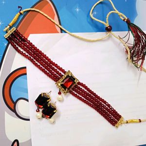 Neck Piece With Earring , Maroon And Golden Color