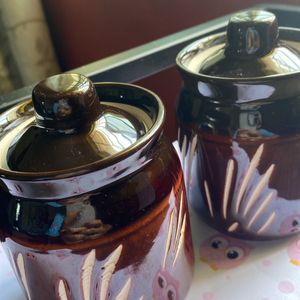 Brown Cute Small Ceramic Jars - Unused