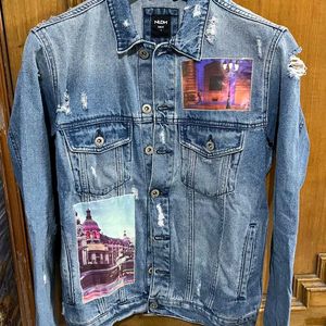 NUON PRINTED DISTRESSED BLUE  DENIM JACKET