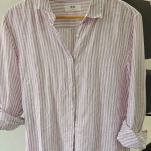 Uniqlo Linen White Lavender Striped Shirt