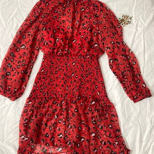 Ballon Style Ruffled Animal Print Red Dress !