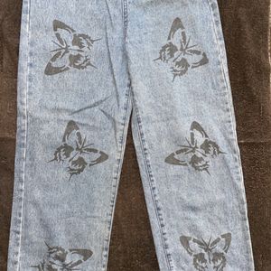 Beautiful Butterfly Print Wide Jeans