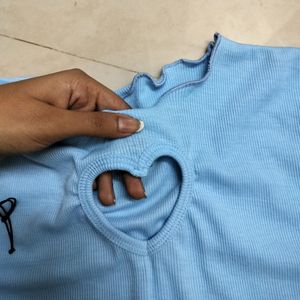 Heart Cut-out Light Blue Ribbed Top