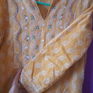 Women Yellow Embroidery Kurti