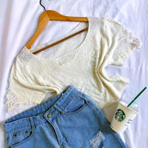 Pinterest Distressed Crop Knitted Oversized Top