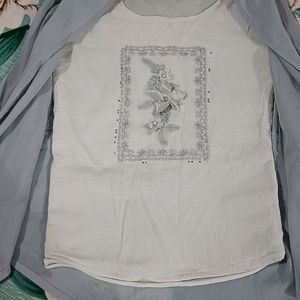 Grey Georgette Attached  Jacket And  White Coton T