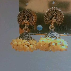 Golden And Yellow Beaded Peacock Jhumki Earring