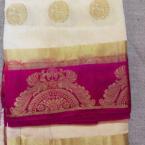 Pink Creamy Contrast Saree With Blouse