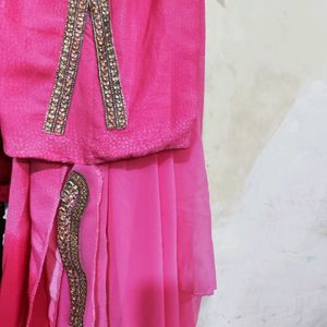 New Unstitched A Line Dress Pink Ombre With Dupatta And Bottom Piece.. With Sleeves Embroidery