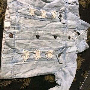 Women Blue Torn Denim Jacket