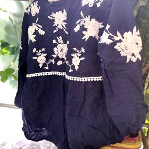 Navy Blue Top With Beautiful Flower Hand Embroider