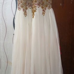 White Party Wear Gown With Dupatta And Pajami