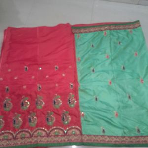 Parrot Green And Orrage Saree