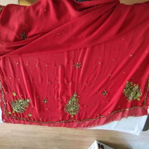 Red Bead Embroidered Saree (Women's)