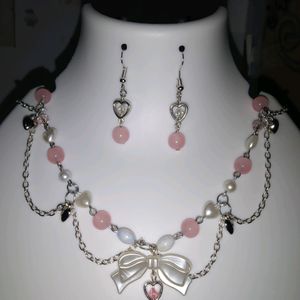 coquette pink necklace With Earrings 💓🎀