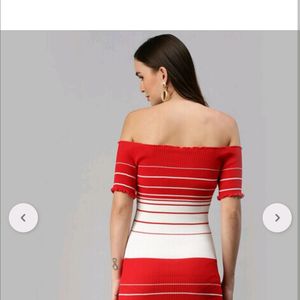 SHOWOFF Bodycon Dress with Off-Shoulders Red White