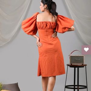 Orange Puff Front Dress With Side Slit