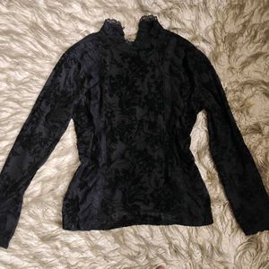 Unisex BlackSheer Velvet Detail Ruffle Vintage Top