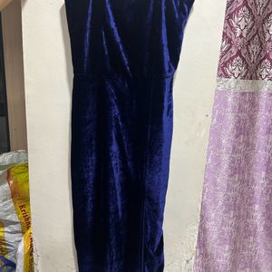 Navy Blue Velvet Bodycone Slit Dress