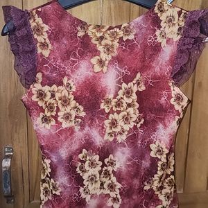 Glittery Sunflower Print Red Top