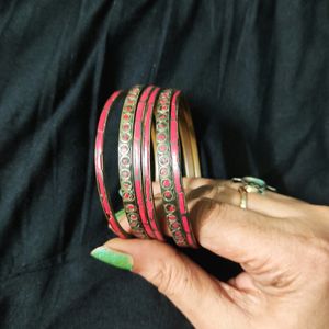 Pure Brass Vintage Red Meenakari Bangle Set