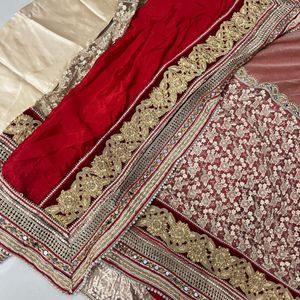 beautiful heavy saree in two colours red & cream