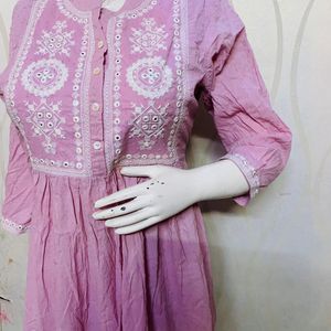 Pink Color Cotton Self Embroidered Kurta