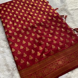 Brand New Maroon Soft Silk Saree With Blouse Piece