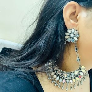 Silver Mirror Work Earrings From Myntra