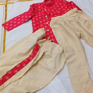 Dark Pink Golden Print Kurta Pyjama Boys