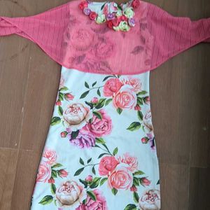 Girls Midi  Dress Pink- White Floral