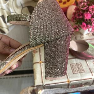 Beige Glitter Heels Party Wear