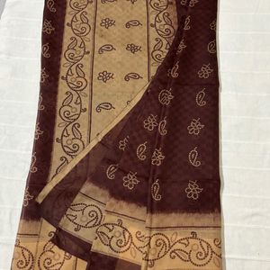 Dark Brown Cotton Saree with Blouse