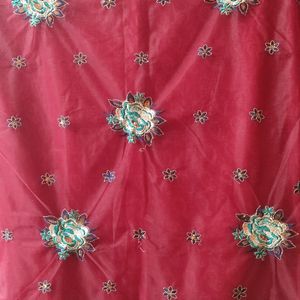 RED NET SAREE WITH BIG EMBROIDERED FLOWERS