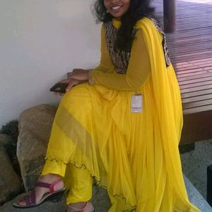 Yellow Gown With Pant And Shawl