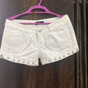 White Embellished Ribbed Shorts