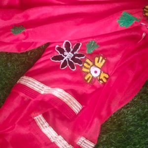 Red Colour Saree With Embroidery Flowers