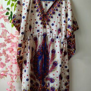 Women's Peacock Feather Print V-neck Kaftan Top